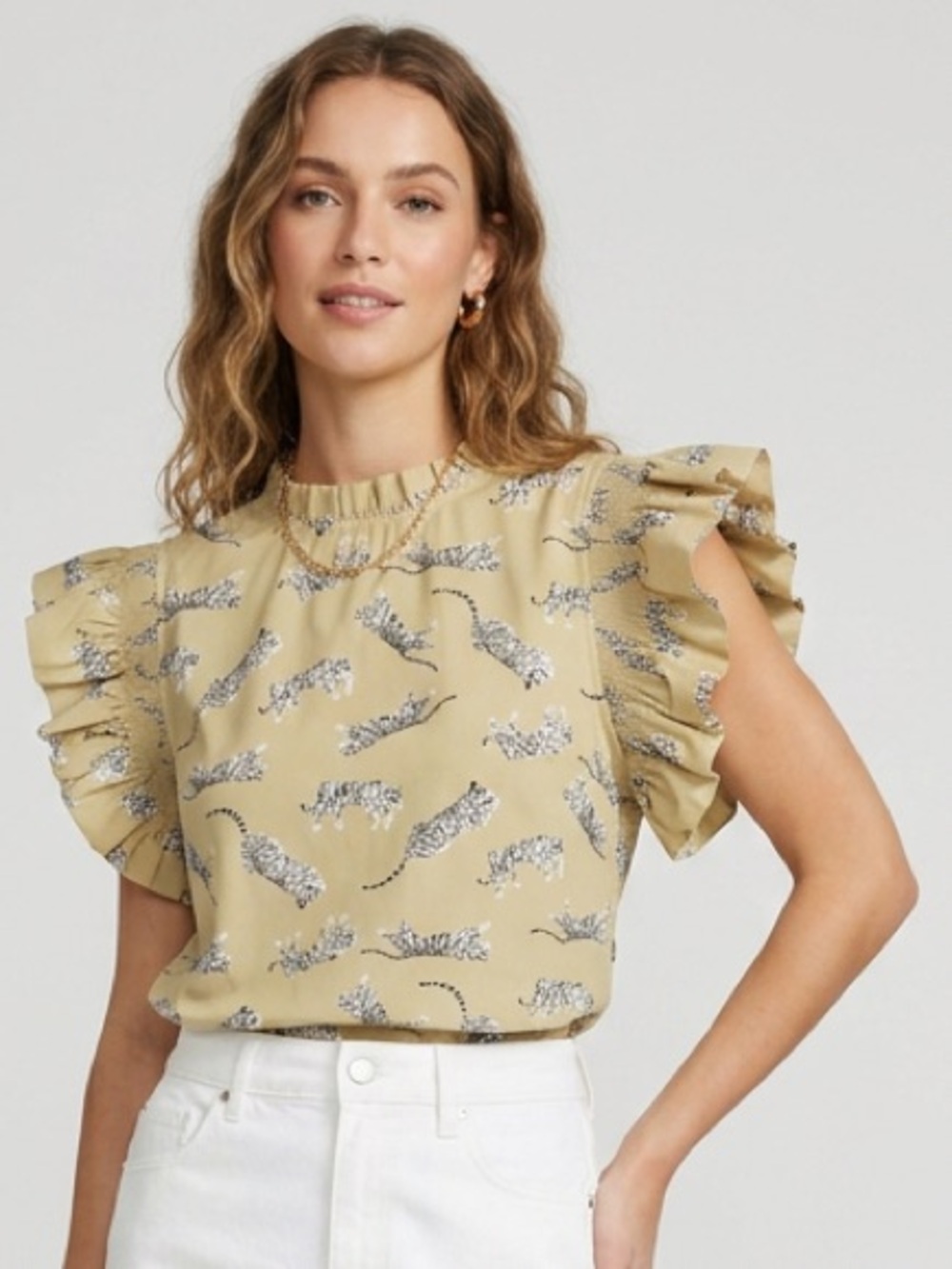 JODIFL Beige Tiger Print Ruffle Sleeve Blouse